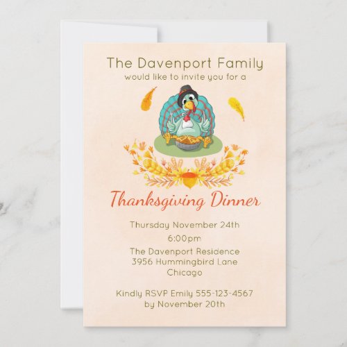 Thanksgiving Dinner Party Turkey Eating Pie Invitation