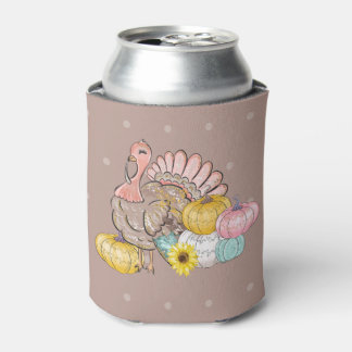 Thanksgiving Dinner Party Turkey Pumpkins Pink Tan Can Cooler