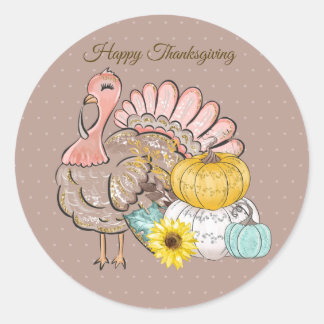 Thanksgiving Dinner Party Turkey Pumpkins Pink Tan Classic Round Sticker