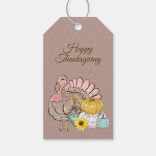 Thanksgiving Dinner Party Turkey Pumpkins Pink Tan Gift Tags