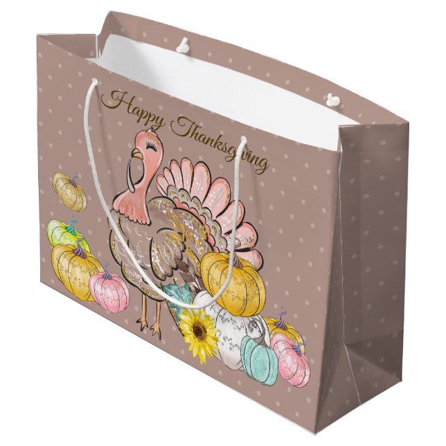 Thanksgiving Dinner Party Turkey Pumpkins Pink Tan Large Gift Bag (Back Angled)