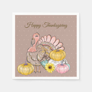 Thanksgiving Dinner Party Turkey Pumpkins Pink Tan Napkins