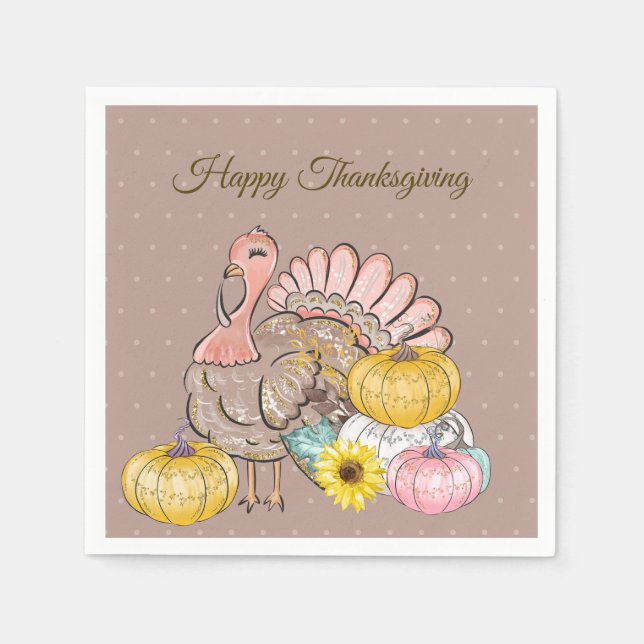 Thanksgiving Dinner Party Turkey Pumpkins Pink Tan Napkins (Front)