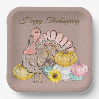 Thanksgiving Dinner Party Turkey Pumpkins Pink Tan Paper Plates