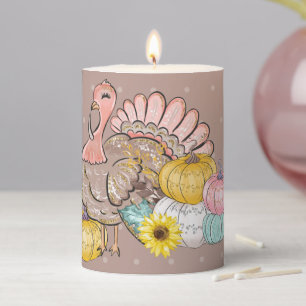 Thanksgiving Dinner Party Turkey Pumpkins Pink Tan Pillar Candle