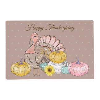 Thanksgiving Dinner Party Turkey Pumpkins Pink Tan Placemat