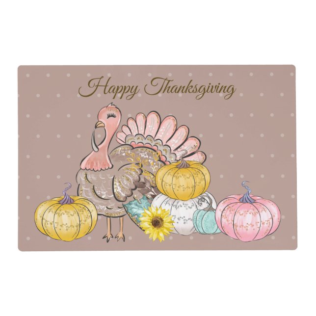 Thanksgiving Dinner Party Turkey Pumpkins Pink Tan Placemat (Front)