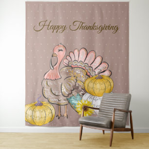 Thanksgiving Dinner Party Turkey Pumpkins Pink Tan Tapestry