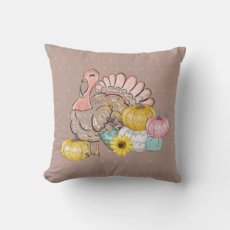 Thanksgiving Dinner Party Turkey Pumpkins Pink Tan Throw Pillow
