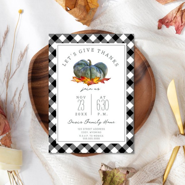 Thanksgiving Dinner Plaid Pumpkin Gourd Leaves Invitation (Creator Uploaded)