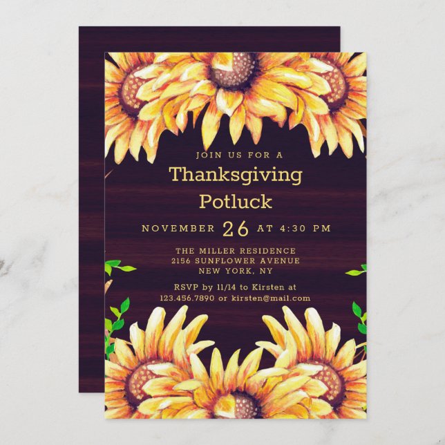 Thanksgiving Dinner Potluck Rustic Fall Sunflowers Invitation (Front/Back)