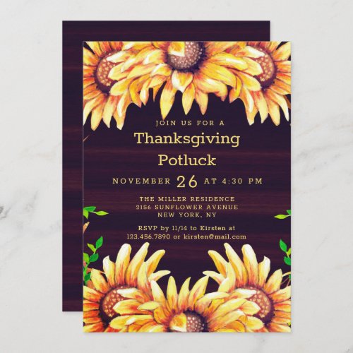 Thanksgiving Dinner Potluck Rustic Fall Sunflowers Invitation