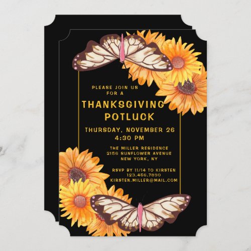 Thanksgiving Dinner Potluck Sunflowers Butterflies Invitation