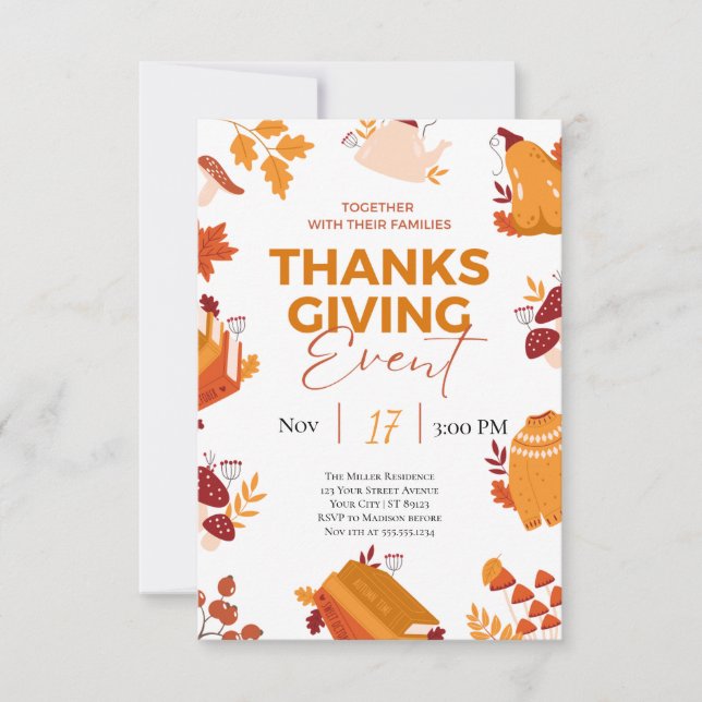 Thanksgiving Dinner Pumpkin & Autumn Leaves Invitation (Front)