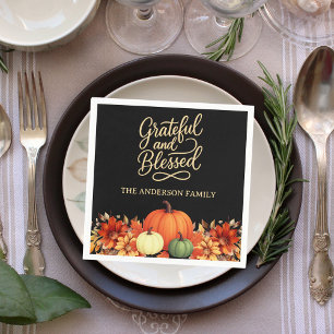 Thanksgiving dinner pumpkin black Grateful blessed Napkins