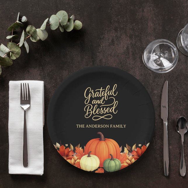 Thanksgiving dinner pumpkin black Grateful blessed Paper Plates (Creator Uploaded)