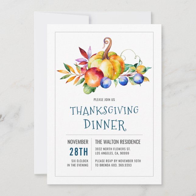 Thanksgiving Dinner Pumpkin & blue berries bouquet Holiday Card (Front)