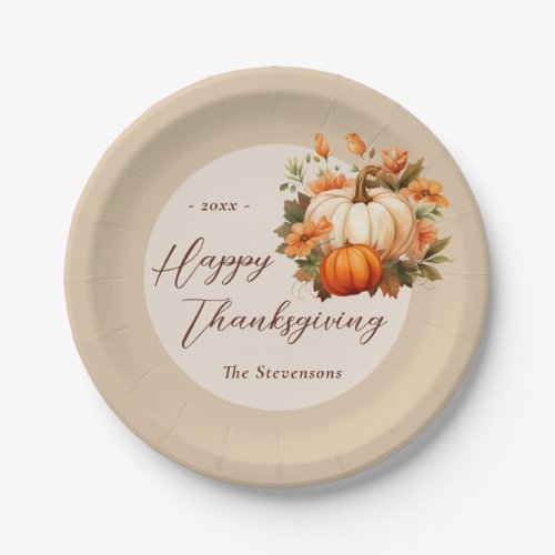 Thanksgiving Dinner Pumpkin Floral Script Beige Paper Plates