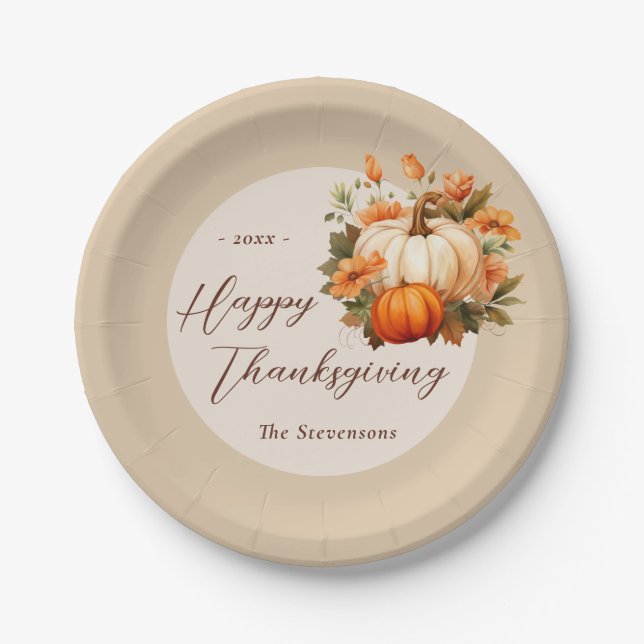 Thanksgiving Dinner Pumpkin Floral Script Beige Paper Plates (Front)