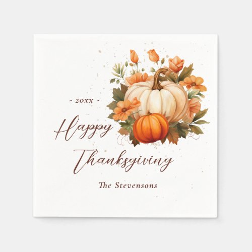 Thanksgiving Dinner Pumpkin Floral Script Rustic Napkins