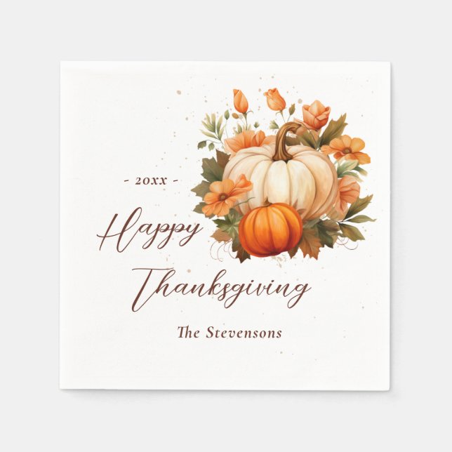 Thanksgiving Dinner Pumpkin Floral Script Rustic Napkins (Front)