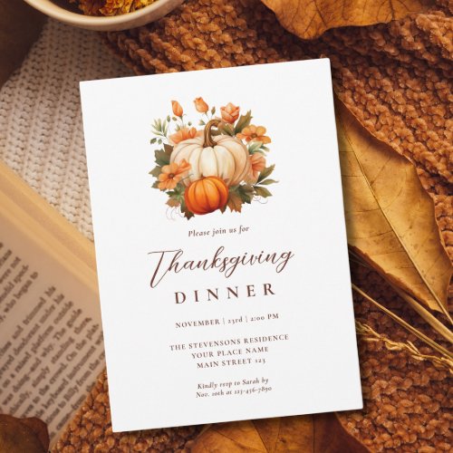 Thanksgiving Dinner Pumpkin Floral Script White Invitation