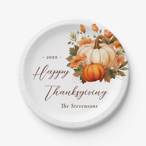 Thanksgiving Dinner Pumpkin Floral Script White Paper Plates