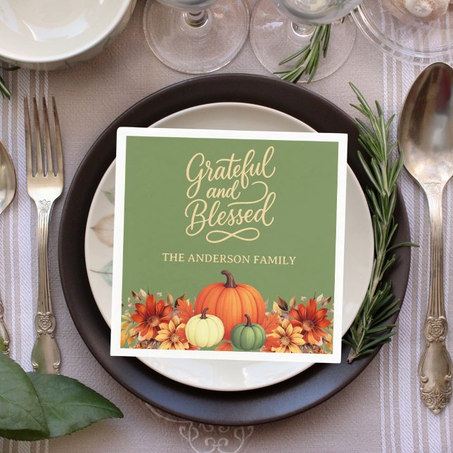 Thanksgiving dinner pumpkin green Grateful blessed Napkins (Creator Uploaded)