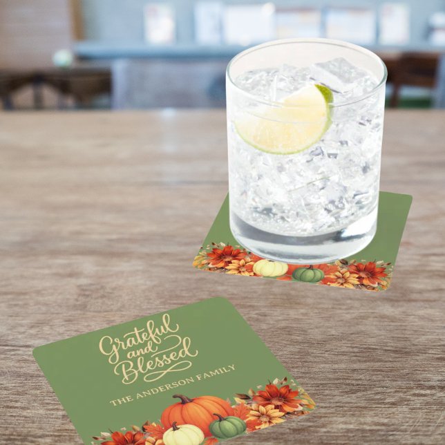 Thanksgiving dinner pumpkin green Grateful blessed Square Paper Coaster (Creator Uploaded)