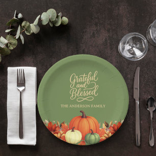 Thanksgiving dinner pumpkin green Grateful Paper Plates
