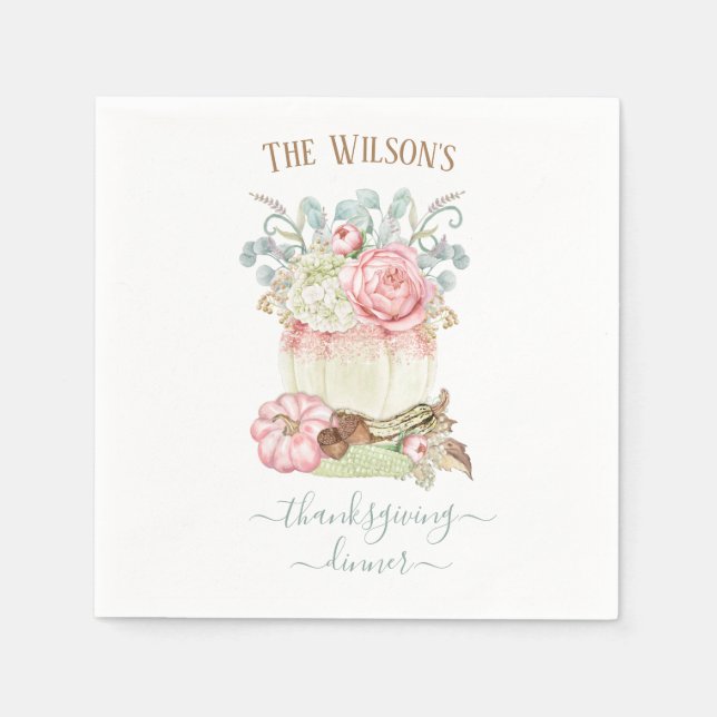 Thanksgiving Dinner Pumpkin Pink Green Napkins (Front)