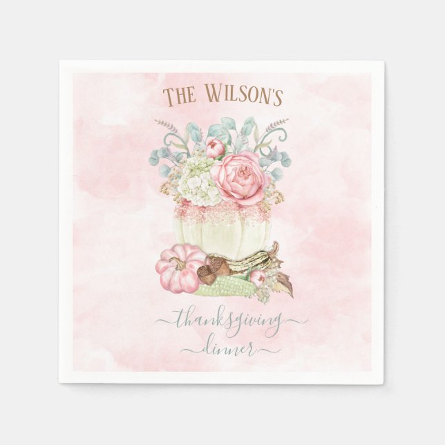 Thanksgiving Dinner Pumpkin Pink Green Napkins (Front)