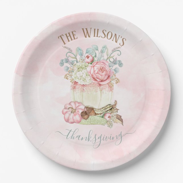 Thanksgiving Dinner Pumpkin Pink Green Paper Plates (Front)