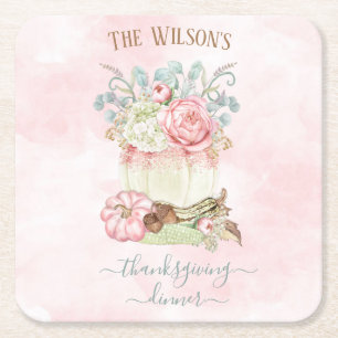 Thanksgiving Dinner Pumpkin Pink Green Square Paper Coaster