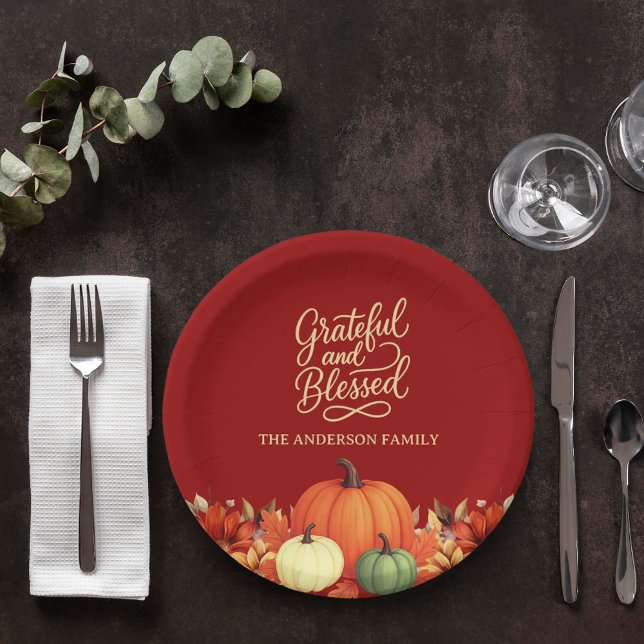 Thanksgiving dinner pumpkin terracotta Grateful Paper Plates (Creator Uploaded)
