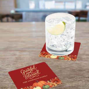 Thanksgiving dinner pumpkin terracotta Grateful Square Paper Coaster