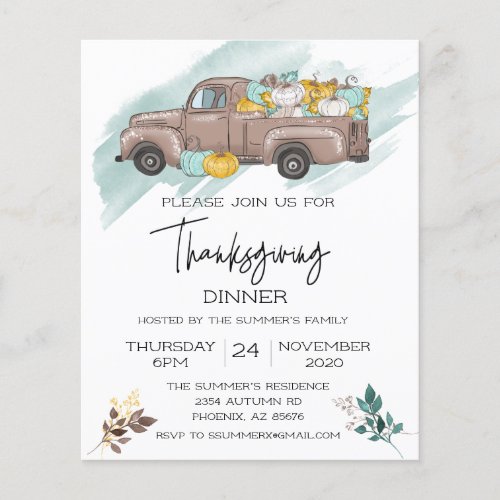 Thanksgiving Dinner Pumpkin Truck Watercolor Invit Flyer