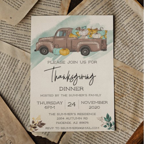 Thanksgiving Dinner Pumpkin Truck Watercolor Invitation