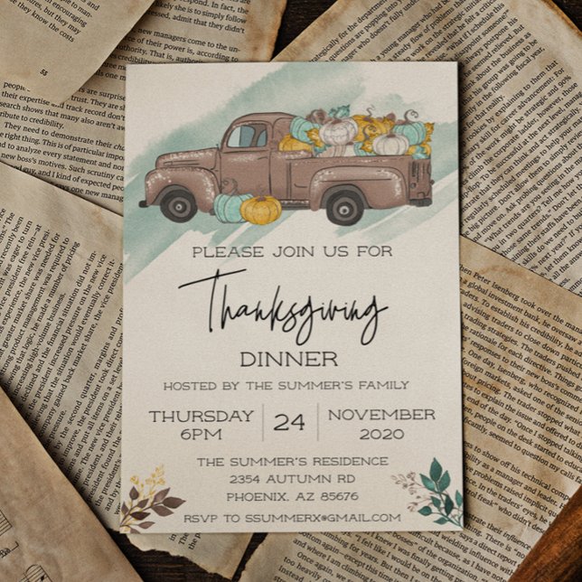 Thanksgiving Dinner Pumpkin Truck Watercolor Invitation (Creator Uploaded)