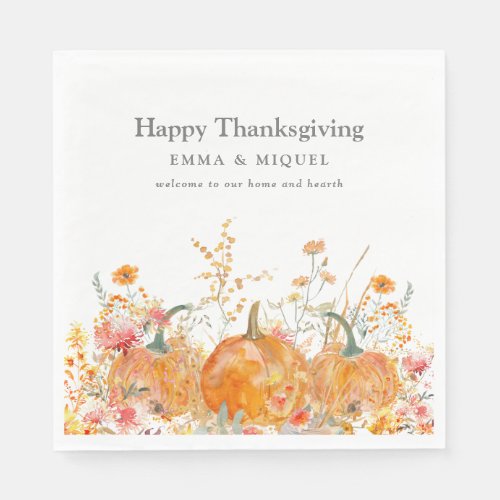 Thanksgiving Dinner Pumpkin Wildflower Modern Napkins