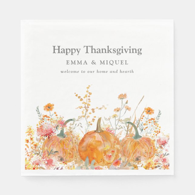 Thanksgiving Dinner Pumpkin Wildflower Modern Napkins (Front)