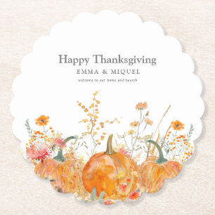 Thanksgiving Dinner Pumpkin Wildflower Modern Paper Coaster