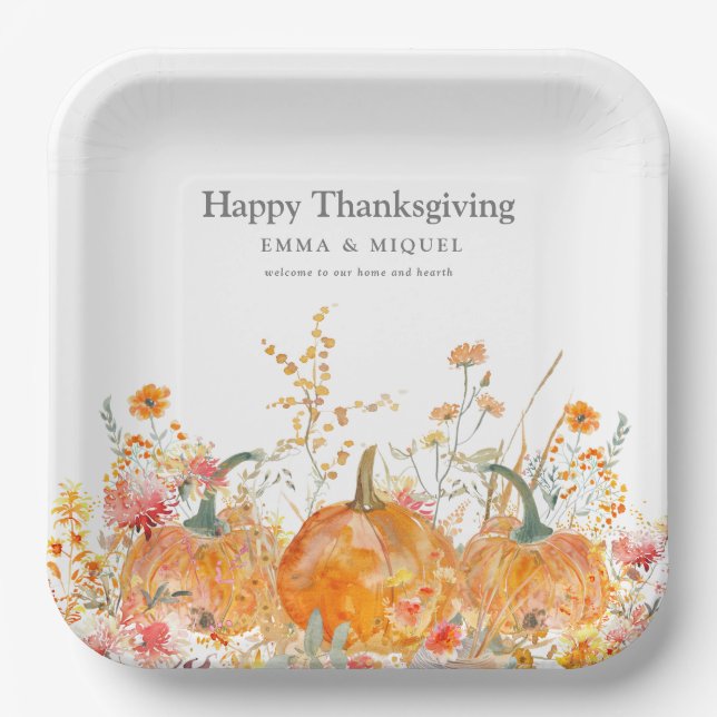 Thanksgiving Dinner Pumpkin Wildflower Modern Paper Plates (Front)
