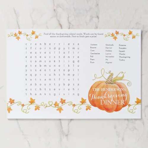 Thanksgiving dinner pumpkin word search watercolor paper pad