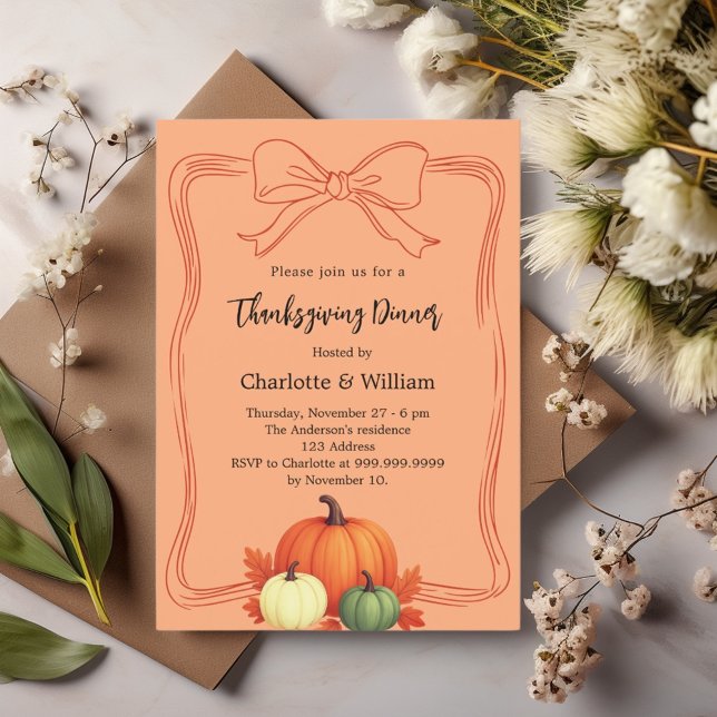 Thanksgiving dinner pumpkins bow atomic tangerine invitation (Creator Uploaded)
