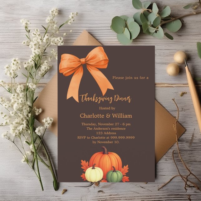 Thanksgiving dinner pumpkins bow bistre brown invitation (Creator Uploaded)