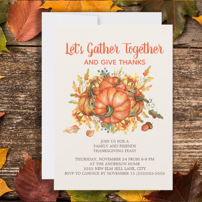 Thanksgiving Dinner Pumpkins Gather Give Thanks Invitation ("Let's gather together and give thanks" Thanksgiving Dinner invitation)