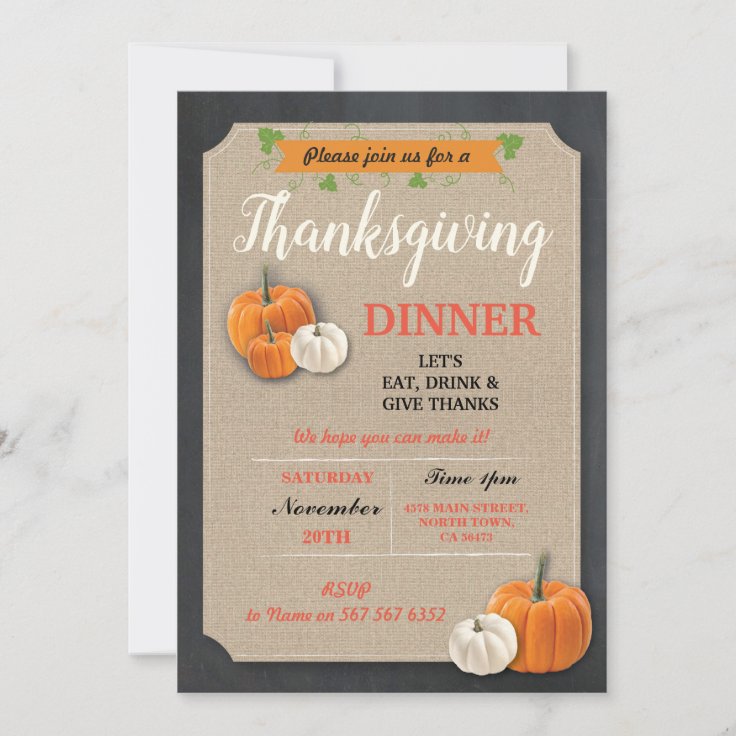 Thanksgiving Dinner Pumpkins Rustic Chalk Invite | Zazzle