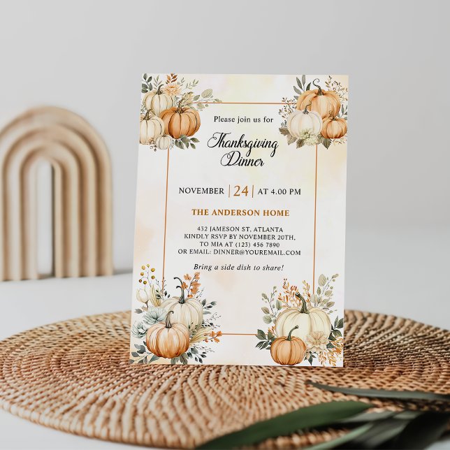 Thanksgiving Dinner Rustic Pumpkin Fall Floral  Invitation (Creator Uploaded)