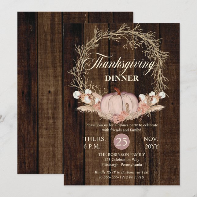 Thanksgiving Dinner Rustic Pumpkin Pampas Wreath   Invitation (Front/Back)
